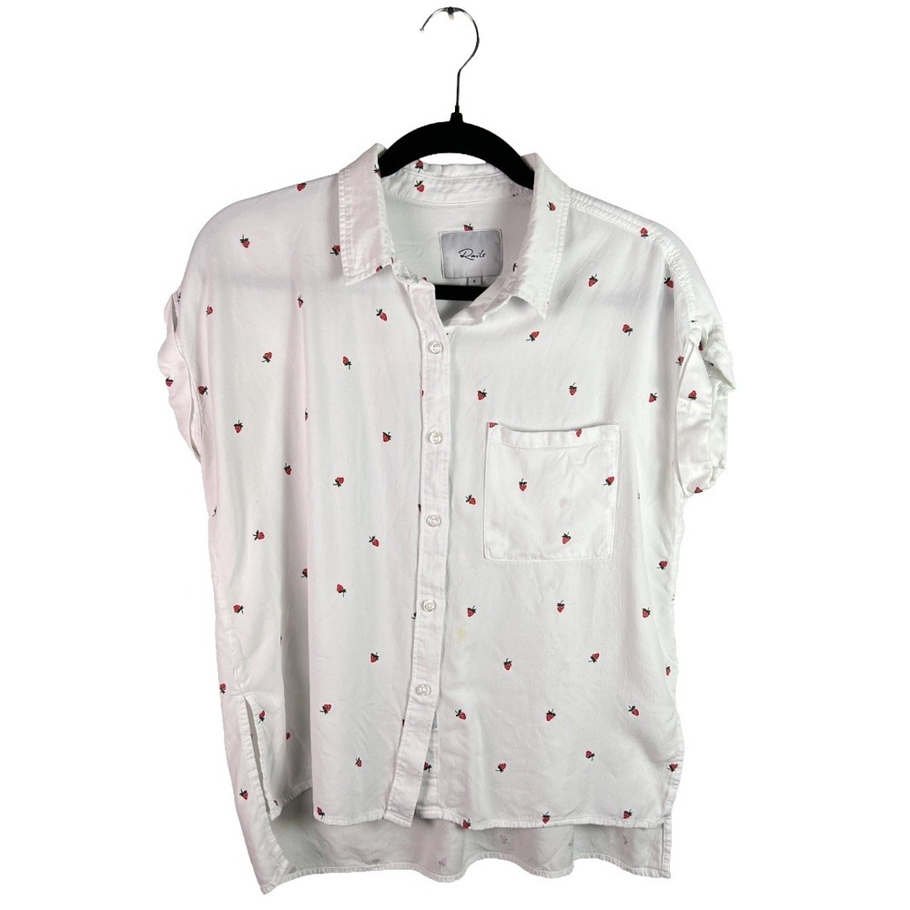 Rails Strawberry Short Sleeve Button Down Shirt Womens S White Cottagecore
